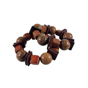 Set 2 Boho Wood Beaded Stretch Bracelets Palm Wood Cube Round Beads Brown